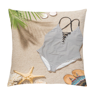 Personality  Top View Of Swimsuit With Sunglasses And Flip Flops Lying On Sandy Beach Pillow Covers