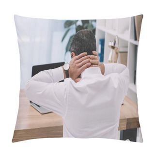 Personality  Rear View Of Businessman With Neck Pain At Workplace In Office Pillow Covers