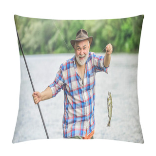 Personality  Fish Farming Pisciculture Raising Fish Commercially. Pensioner Leisure. Fisherman Alone Stand In River Water. Hobby Sport Activity. Fish On Hook. Man Senior Fisherman. Fisherman Fishing Equipment Pillow Covers