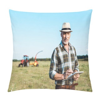Personality  Cheerful Farmer In Straw Hat Using Digital Tablet In Field  Pillow Covers