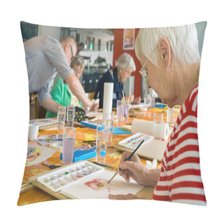 Personality  Senior Women Painting At Table Pillow Covers