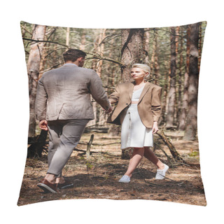 Personality  Back View Of Man And Woman Holding Hands In Front Of Each Other In Forest Pillow Covers