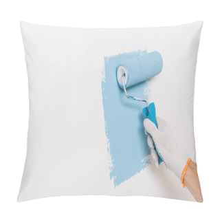Personality  Cropped View Of Man Painting Wall In Blue Color At Home Pillow Covers