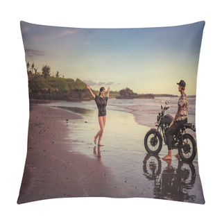 Personality  Girlfriend With Open Arms Walking To Boyfriend Sitting On Motorcycle On Ocean Beach  Pillow Covers