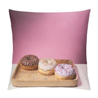 Personality  Tasty Glazed Donuts Sprinkles On Wooden Cutting Board On Pink Background  Pillow Covers