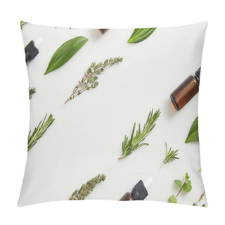 Personality  Flat Lay With Bottles Of Essential Oil, Thyme And Rosemary On Grey Background Pillow Covers