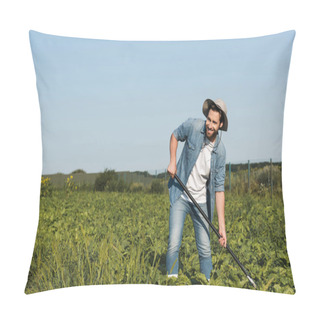 Personality  Smiling Farmer In Brim Hat Looking Away While Working In Green Field Pillow Covers
