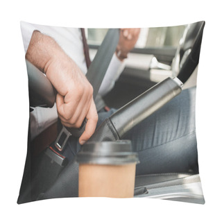 Personality  Selective Focus Of Businessman Fastening Safety Belt Near Paper Cup In Car  Pillow Covers