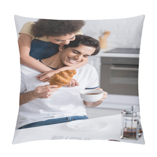 Personality  Happy African American Woman Hugging Boyfriend With Cup Of Tea And Croissant In Kitchen Pillow Covers