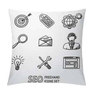 Personality  Set Of SEO Handdrawn Icons - Target With Arrow, Tag, World, Magnifier, Mail, Support, Idea, Instruments, Site. Vector Pillow Covers