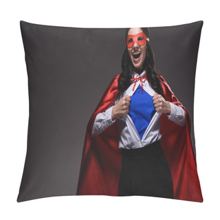 Personality  Laughing Attractive Super Businesswoman In Red Cape And Mask Showing Blue Shirt Isolated On Black Pillow Covers