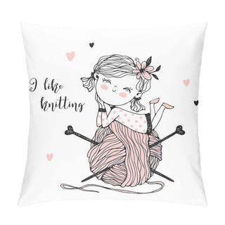 Personality  Cute Little Knitter With A Huge Skein Of Yarn. Vector Pillow Covers
