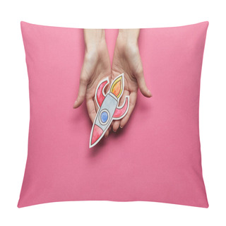Personality  Top View Of Hands Holding Rocket On Pink Background Pillow Covers
