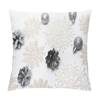 Personality  Top View Of Snowflakes, Silver Baubles And Cones On White Background Pillow Covers