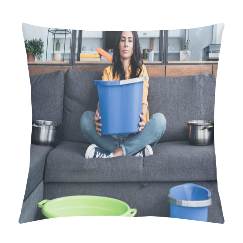 Personality  Tired Woman Sitting On Sofa With Big Blue Bucket Pillow Covers
