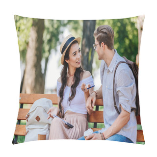 Personality  Multicultural Couple Sitting On Bench Pillow Covers