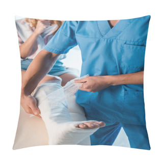 Personality  Cropped View Of Orthopedist Putting Bandage On Leg Of Woman  Pillow Covers