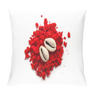 Personality  Top View Of Cowrie (Cypraea Chinensis) Placed Over Auspicious Red-colored Sindoor (vermilion) Or Kumkum Isolated On A White Background. Pillow Covers