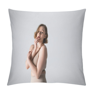 Personality  Overweight Young Woman In Underwear Posing On Grey Pillow Covers