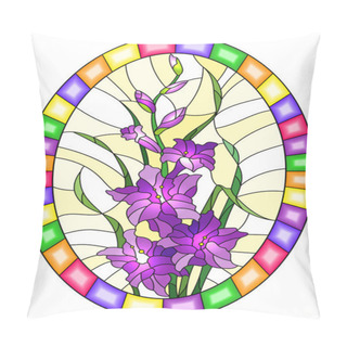 Personality  Illustration In Stained Glass Style Flower Of Purple Gladiolus On A Yellow  Background In A Bright Frame,oval  Image Pillow Covers
