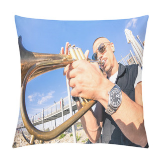 Personality  Young Man Performing Trumpet Solo Jazz At Beach Party - Music And Street Art Concept At Open Air Club Location With Groove Mood Atmosphere - Warm Afternoon Color Tones With Focus On Musician Face Pillow Covers