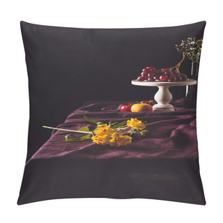 Personality  Beautiful Flowers Lying On Table With Fruits On Background Pillow Covers