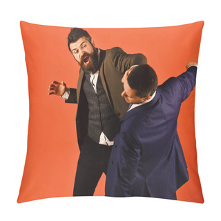 Personality  Business Fight Concept. Businessman With Raging Face Hits And Punches Opponent. Pillow Covers