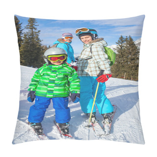 Personality  Two Kids With Mother Enjoying Winter Vacations. Pillow Covers
