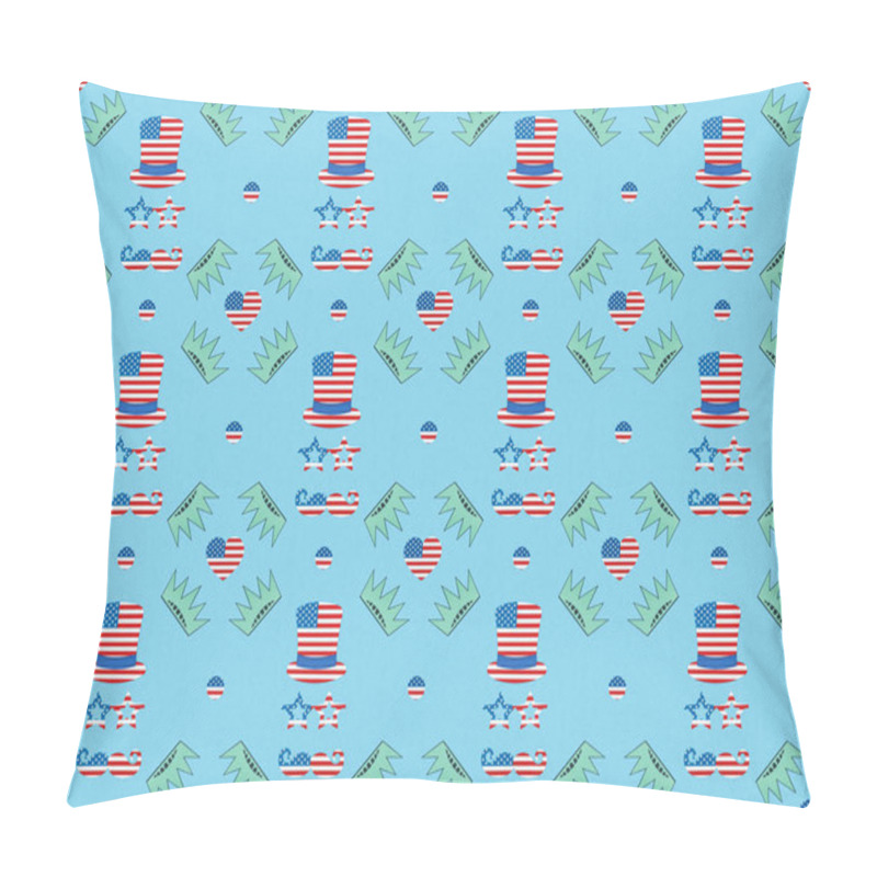 Personality  seamless background pattern with mustache, hats and glasses made of us flags and crowns on blue, Independence Day concept pillow covers