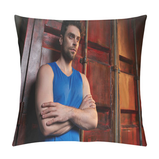 Personality  Sportive Man In Blue Tank Top Standing With Folded Arms And Looking Away Near Containers On Street Pillow Covers