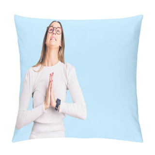 Personality  Beautiful Brunette Young Woman Wearing Casual White Sweater And Glasses Begging And Praying With Hands Together With Hope Expression On Face Very Emotional And Worried. Begging.  Pillow Covers