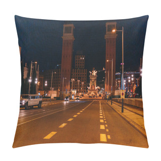 Personality  BARCELONA, SPAIN - DECEMBER 28, 2018: Night Scene Of Roadway Leading To Gorgeous Torres Venecianes And Plaza De Espana Pillow Covers