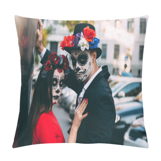 Personality  A Couple, Wearing Skull Make-up For. All Souls Day. Boy And Girl Sugar Skull Makeup.painted For Halloween Standing On The Street. Dead In The City. Zombie Walk.day Of The Dead Holiday In Mexico Pillow Covers