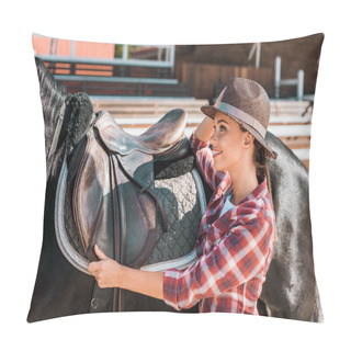 Personality  Side View Of Smiling Attractive Female Equestrian Fixing Horse Saddle At Ranch Pillow Covers
