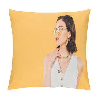 Personality  Elegant Woman In Sunglasses Posing Isolated On Yellow Pillow Covers