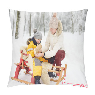 Personality  Grandmother / Nanny / Mother Puts On A Mitten To A Small Child During Sledding In Winter Park. Family Winter Activities Outdoors. Pillow Covers
