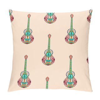 Personality  Seamless Pattern With Colorful Hippie Guitars In Zentangle Style. Hippy Ornamental Guitars. Pillow Covers