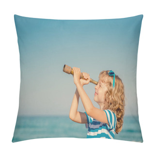 Personality  Happy Kid Playing Outdoor Against Sea And Sky Pillow Covers