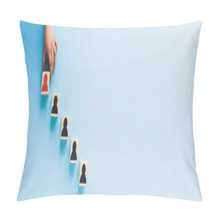 Personality  Partial View Of Hand And Wooden Blocks With Black And Red Human Icons On Blue Background, Leadership Concept, Panoramic Shot Pillow Covers