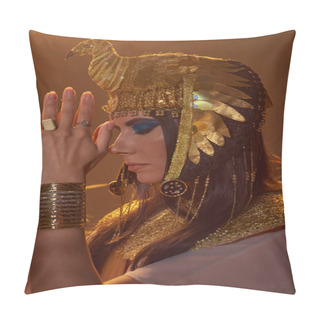 Personality  Woman In Egyptian Costume Doing Praying Hands Gesture Near Blurred Plants On Brown Background Pillow Covers