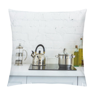 Personality  Kettle And Pan On Electric Stove In Kitchen Pillow Covers