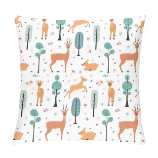 Personality  Seamless Pattern With Deer, Doe, Roe Deer On The Background Of A Tree, Plant, Bush And Different Elements. Vector Illustrations In The Scandinavian Style. Pillow Covers