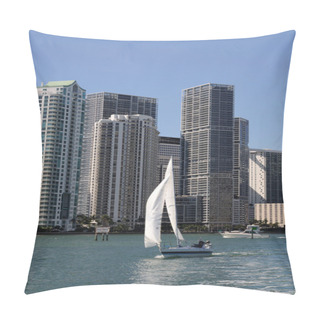 Personality  Downtown Miami And Sailing Yacht, Florida Pillow Covers