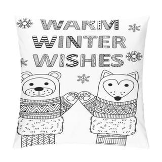 Personality  Warm Winter Wishes. Best Friends.  Funny Mittens. Greeting Card Pillow Covers
