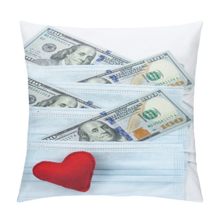 Personality  Red Heart,medical Masks And Dollars On Pink.Helping Poor Countries With Money And Masks.Financial Crisis Due To Coronavirus.Cash Payments To Doctors.Expensive Hospital Services. Medical Research. Pillow Covers