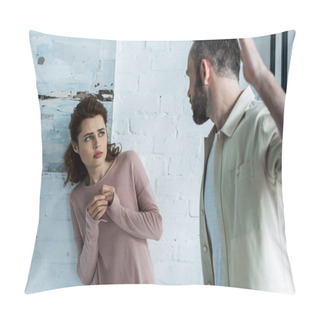 Personality  Selective Focus Of Scared Woman Looking At Aggressive Husband Gesturing At Home  Pillow Covers