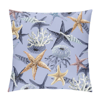 Personality  Pattern With An Ornament From Drawings In A Nautical Style On A Blue Background, Hand-painted Sea Vows Molluscs And Corals Close-up Pillow Covers
