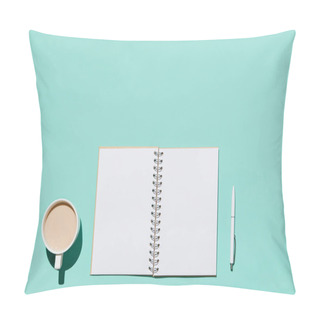 Personality  Flat Composition Notepad With Pen And Cup Of Coffee Or Cocoa On Mint Desk. Trendy Flat Lay For Bloggers, Designers Etc. Pillow Covers