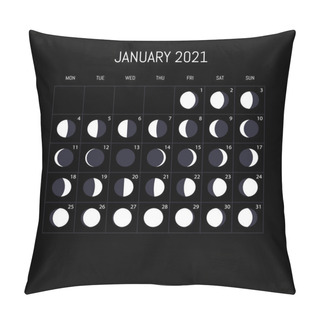Personality  Moon Phases Calendar For 2021 Year. January. Night Background Design. Vector Illustration Pillow Covers