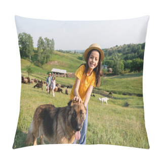Personality  Joyful Girl Looking At Camera Near Cattle Dog And Parents Herding Flock On Blurred Background Pillow Covers